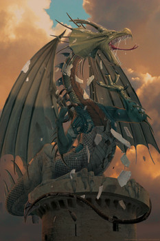 The Awakening Green Dragon on Tower by Vincent Hie Fantasy Cool Wall Art Print Poster 12x18