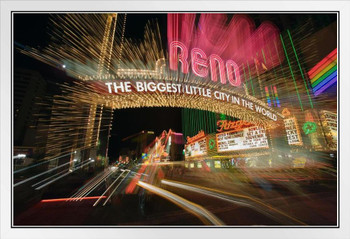 Reno Nevada Biggest Little City In World Neon Sign Blurred Motion Photo Photograph White Wood Framed Poster 20x14