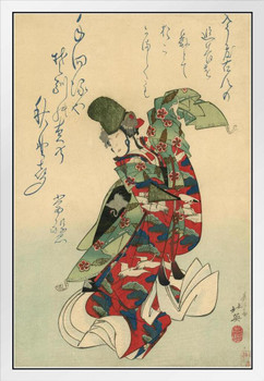 Japanese Woodblock Print of Theater Dancer in Kimono Performing White Wood Framed Poster 14x20