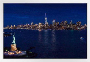 New York City Statue Of Liberty Manhattan WTC Photo Photograph White Wood Framed Poster 20x14