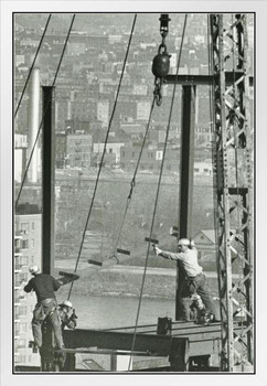 Men Working On Skyscraper Girder Frame B&W Photo Photograph White Wood Framed Art Poster 14x20