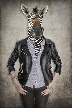 Laminated Zebra Head Wearing Human Clothes Wild Animal Mashup Funny Parody Animal Face Portrait Art Photo Poster Dry Erase Sign 12x18