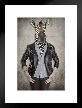 Zebra Head Wearing Human Clothes Wild Animal Mashup Funny Parody Animal Face Portrait Art Photo Matted Framed Wall Decor Art Print 20x26