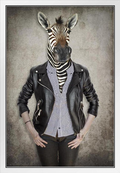 Zebra Head Wearing Human Clothes Wild Animal Mashup Funny Parody Animal Face Portrait Art Photo White Wood Framed Poster 14x20