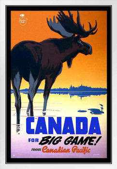 Canadian Pacific Railway Canada for Big Game Moose Elk Caribou Hunting Tourism Vintage Illustration Travel White Wood Framed Poster 14x20