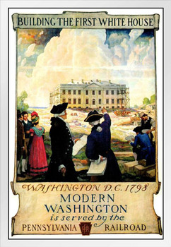 Washington DC Building The First White House 1798 Pennsylvania Railroad George Washington Historic Vintage Illustration Travel White Wood Framed Poster 14x20 Washington DC Building The First White House 1798 Pennsylvania Railroad George Washington Historic Vintage Illustration Travel White Wood Framed Poster 14x20