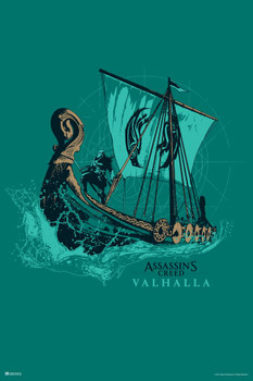 Assassins Creed Valhalla Merchandise Viking Ship Green Background Video Game Video Gaming Gamer Collectibles Eivor Varinsdottir Cool Huge Large Giant Poster Art 36x54
