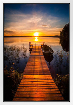 Sunset Over The Fishing Pier At Finland Lake Photo National Mountain Nature Landscape Park Scenic Scenery Parks Picture Dock Water White Wood Framed Art Poster 14x20