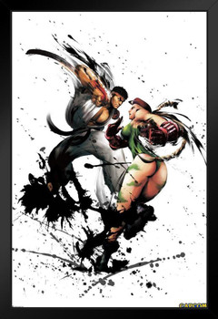 Street Fighter Ryu vs Cammy Ink Art CAPCOM Video Game Merchandise Gamer Classic Fighting Black Wood Framed Art Poster 14x20