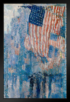 Avenue In Rain Childe Hassam 1917 Vintage American Flags Painting Historical Patriotic Oval Office USA United States Black Wood Framed Art Poster 14x20