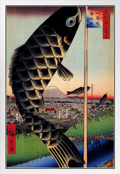 Utagawa Hiroshige Suido Bridge And Surugadai Japanese Art Poster Traditional Japanese Wall Decor Hiroshige Woodblock Landscape Artwork Animal Nature Asian Print White Wood Framed Art Poster 14x20