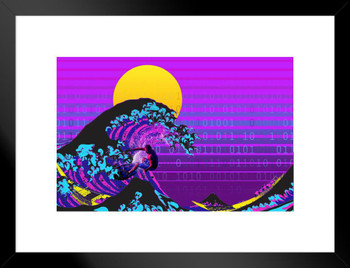 Great Wave Surfer Surfing Vaporwave Aesthetic Decor Retro Vintage 90s Y2K Room Decor Neon Pink Bedroom Decor Indie Vibey Aesthetic Vaporwave Art Japanese Art Matted Framed Art Wall Decor 20x26
