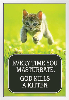 Every Time You Masturbate God Kills a Kitten Humor White Wood Framed Poster 14x20