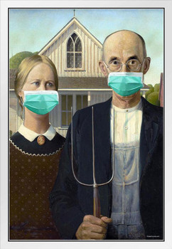 American Gothic Wearing Masks Funny Grant Wood Masked Pandemic Meme Classic Art Parody White Wood Framed Poster 14x20