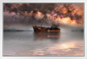 Milky Way Galaxy in Sky Above Old Shipwreck Photo Photograph White Wood Framed Poster 20x14