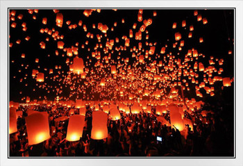Floating Lanterns Festival Yee Peng Chiang Mai Thailand Photo Photograph White Wood Framed Poster 20x14