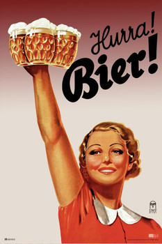 Laminated Hurra Bier Hooray Beer Funny German Oktoberfest Advertisement Vintage Brewery Decor Retro Decor Man Cave Stuff Bar Accessories Kitchen Decor Beer Signs Craft Poster Dry Erase Wall Art 24x36