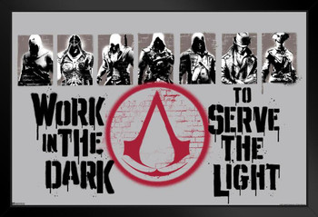 Assassins Creed Graffiti Work In the Dark to Serve the Light Lineup Valhalla Origins Syndicate Odyssey Black Flag Bloodlines Assassins Creed Merchandise Gamer Black Wood Framed Art Poster 14x20