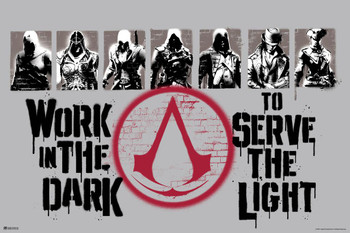 Assassins Creed Graffiti Work In the Dark to Serve the Light Lineup Valhalla Origins Syndicate Odyssey Black Flag Bloodlines Assassins Creed Merchandise Gamer Cool Wall Decor Art Print Poster 36x24