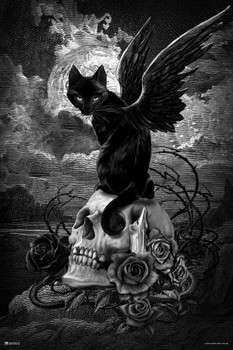 Alchemy Nine Lives of Poe Winged Black Cat On Skull Edgar Allen Poe Witchy Room Decor Gothic Decor Goth Room Decor Witchcraft Horror Wiccan Occult Decorations Cool Wall Decor Art Print Poster 24x36