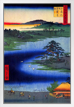 Utagawa Hiroshige Robe Hanging Pine Senzoku Pond Japanese Art Poster Traditional Japanese Wall Decor Hiroshige Woodblock Landscape Artwork Nature Asian Print White Wood Framed Art Poster 14x20