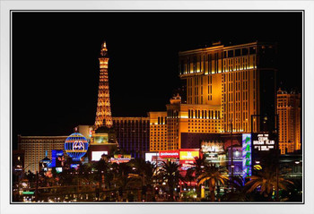 Las Vegas Nevada Strip Illuminated at Night Paris Hotel Photo Photograph White Wood Framed Poster 20x14