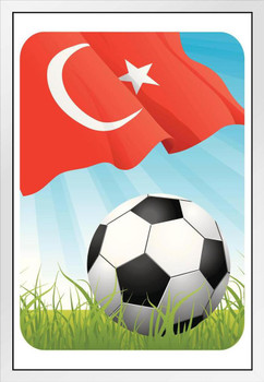 Turkey Soccer Ball and Flag Sports White Wood Framed Poster 14x20