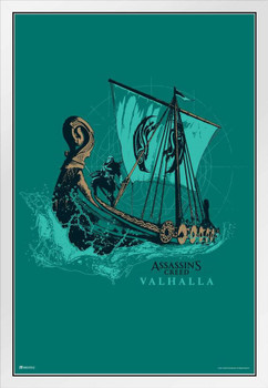 Assassins Creed Valhalla Merchandise Viking Ship Green Background Video Game Video Gaming Gamer Collectibles Eivor Varinsdottir White Wood Framed Poster 14x20