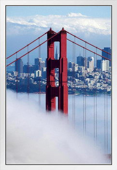 Golden Gate Bridge San Francisco Under Fog Photo Photograph White Wood Framed Poster 14x20