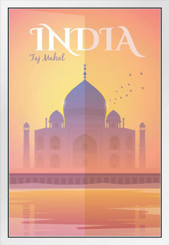Taj Mahal India Vintage Tourism Travel White Wood Framed Poster 14x20