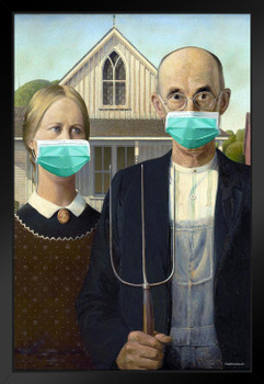 American Gothic Wearing Masks Funny Grant Wood Masked Pandemic Meme Classic Art Parody Black Wood Framed Art Poster 14x20