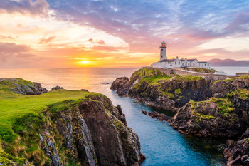 Waterfall Fanad Head Lighthouse County Donegal Ireland River Sea Ocean Isles UK Nature Landscape Photo Stretched Canvas Art Wall Decor 16x24