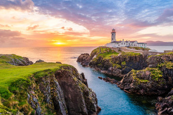 Waterfall Fanad Head Lighthouse County Donegal Ireland River Sea Ocean Isles UK Nature Landscape Photo Cool Wall Decor Art Print Poster 24x36