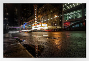 Chicago Theatre at Night Reflection Photo Photograph White Wood Framed Poster 20x14