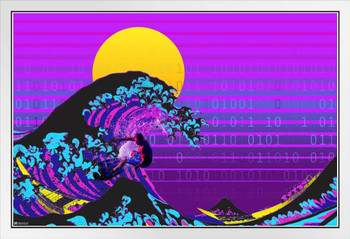 Great Wave Surfer Surfing Vaporwave Aesthetic Decor Retro Vintage 90s Y2K Room Decor Neon Pink Bedroom Decor Indie Vibey Aesthetic Vaporwave Art Japanese Art White Wood Framed Poster 14x20