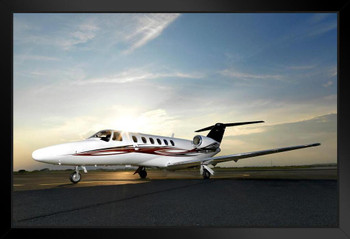 Private Plane Business Jet Airplane on Tarmac Airport Travel Photo Photograph Black Wood Framed Poster 14x20