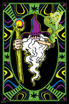 Wizard Smoking Joint Marijuana Pot Leaf Weed 420 Retro Vintage Aesthetic Room Stoner Room Decor Cool Psychedelic Trippy Hippie Decor UV Light Reactive Black Light Eco Blacklight Poster For Room 12x18