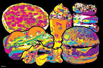 Fast Food Pizza Cheeseburger Hot Dog Donuts Ice Cream Junk Food Retro Vintage 90s Aesthetic Cool Psychedelic Trippy Hippie Decor UV Light Reactive Black Light Eco Blacklight Poster For Room 12x18