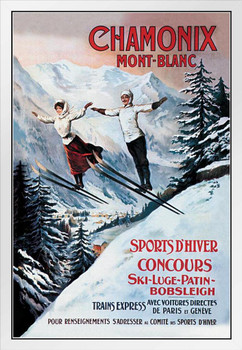 Chamonix Mont Blanc Skiing Ski Sport French Alps France Vintage Travel Ad Advertisement White Wood Framed Poster 14x20