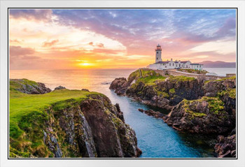 Waterfall Fanad Head Lighthouse County Donegal Ireland River Sea Ocean Isles UK Nature Landscape Photo White Wood Framed Poster 14x20