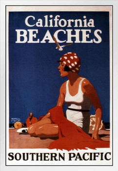 Southern Pacific Railways Train Railroad California Beaches Ocean Sea Sand Vintage Travel White Wood Framed Poster 14x20