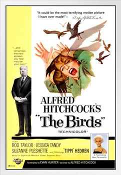 Alfred Hitchcock The Birds Poster Retro Vintage Horror Movie Poster Horror Movie Merchandise Horror Decor Goth Decor Spooky Scary Halloween Decorations White Wood Framed Art Poster 14x20