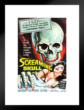 The Screaming Skull Retro Vintage Horror Movie Merchandise Spooky Halloween Decorations Halloween Decor Skeleton Pulp Horror Kitsch Theater Creepy 1958 Matted Framed Art Wall Decor 20x26