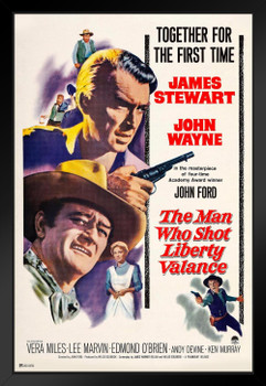 The Man Who Shot Liberty Valance John Wayne Movie Poster James Stewart Retro Vintage Western Decor Cowboy Western Movie Merchandise Collectibles Man Cave Black Wood Framed Poster 14x20