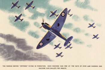 British Spitfires Fighter Planes Flying WPA War Propaganda Stretched Canvas Art Wall Decor 16x24