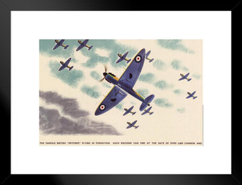 British Spitfires Fighter Planes Flying WPA War Propaganda Matted Framed Wall Decor Art Print 20x26