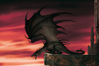 Drag Lord Dragon Roaring On Castle Rampart Sunset by Ciruelo Fantasy Painting Gustavo Cabral Cool Wall Art Print Poster 12x18