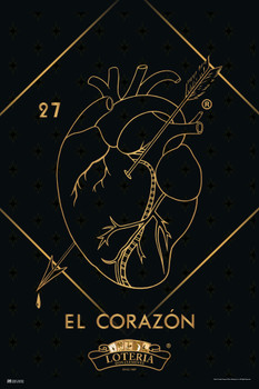 27 El Corazon Heart Loteria Card Black Gold Mexican Bingo Lottery Day Of Dead Dia Los Muertos Decorations Mexico Love Romantic Party Spanish Native Sign Cool Wall Decor Art Print Poster 12x18