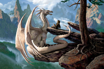 Laminated HS Kume White Dragon On Cliff With Boy by Ciruelo Fantasy Painting Gustavo Cabral Poster Dry Erase Wall Art 12x18