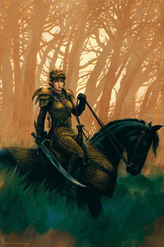 Laminated Draconis Dragon Mounted Female Warrior On Horseback by Ciruelo Black Horse Forest Woods Fantasy Painting Gustavo Cabral Poster Dry Erase Wall Art 12x18